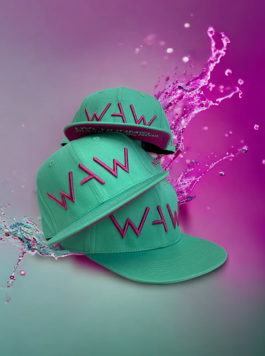 Teal and Hot Pink WAW Hat, with WAW logo and Overcome message, WeAreWarriorsApparel.com