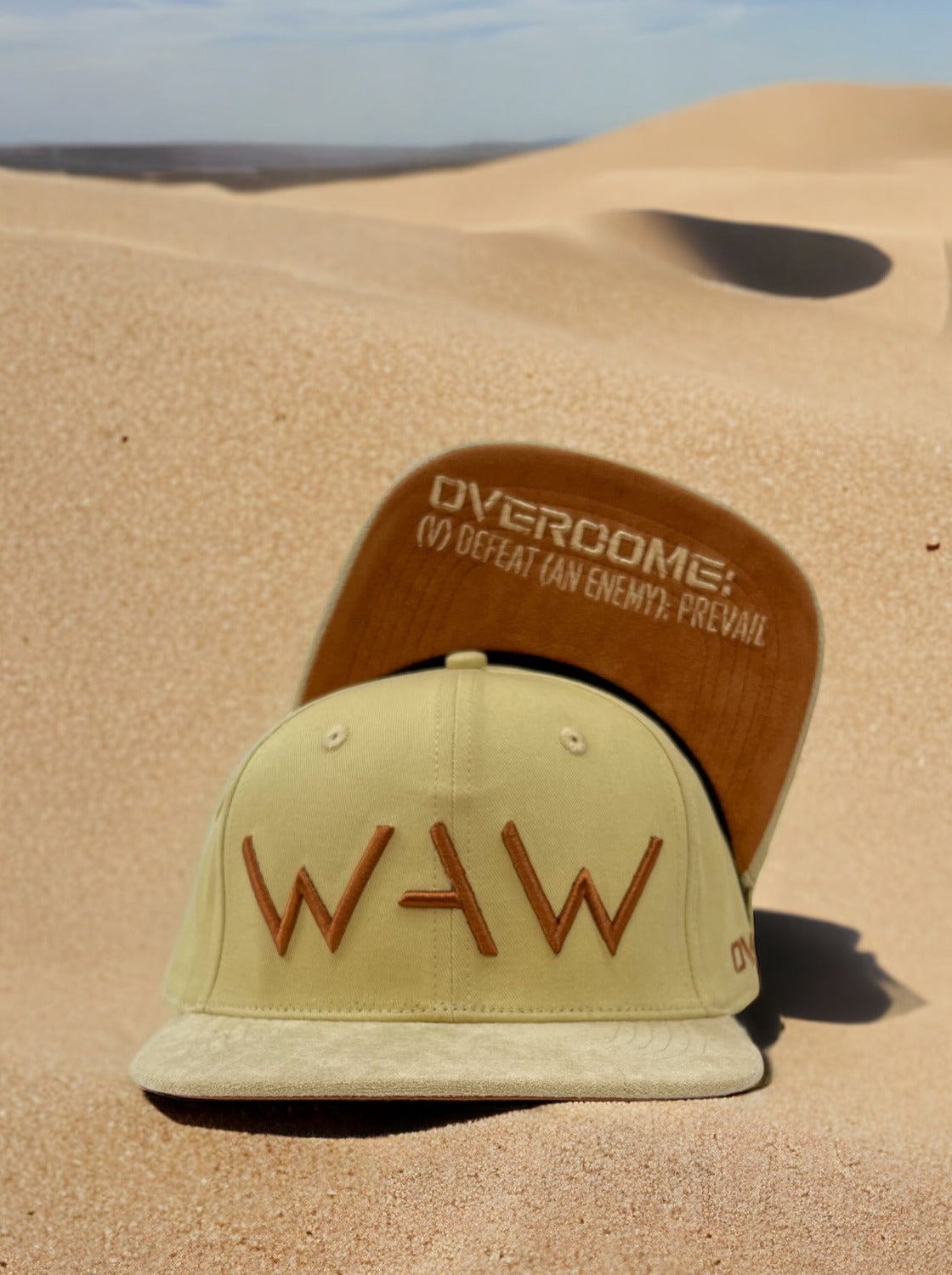 Sandstorm WAW Flatbill Hat, WAW logo and Overcome message, WeAreWarriorsApparel.com