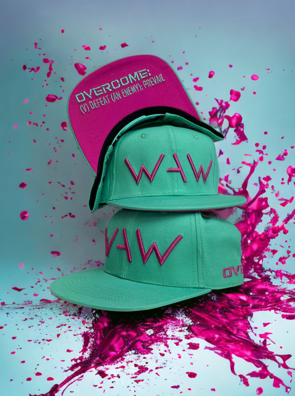 Teal and Hot Pink WAW Hat, with WAW logo and Overcome message, WeAreWarriorsApparel.com