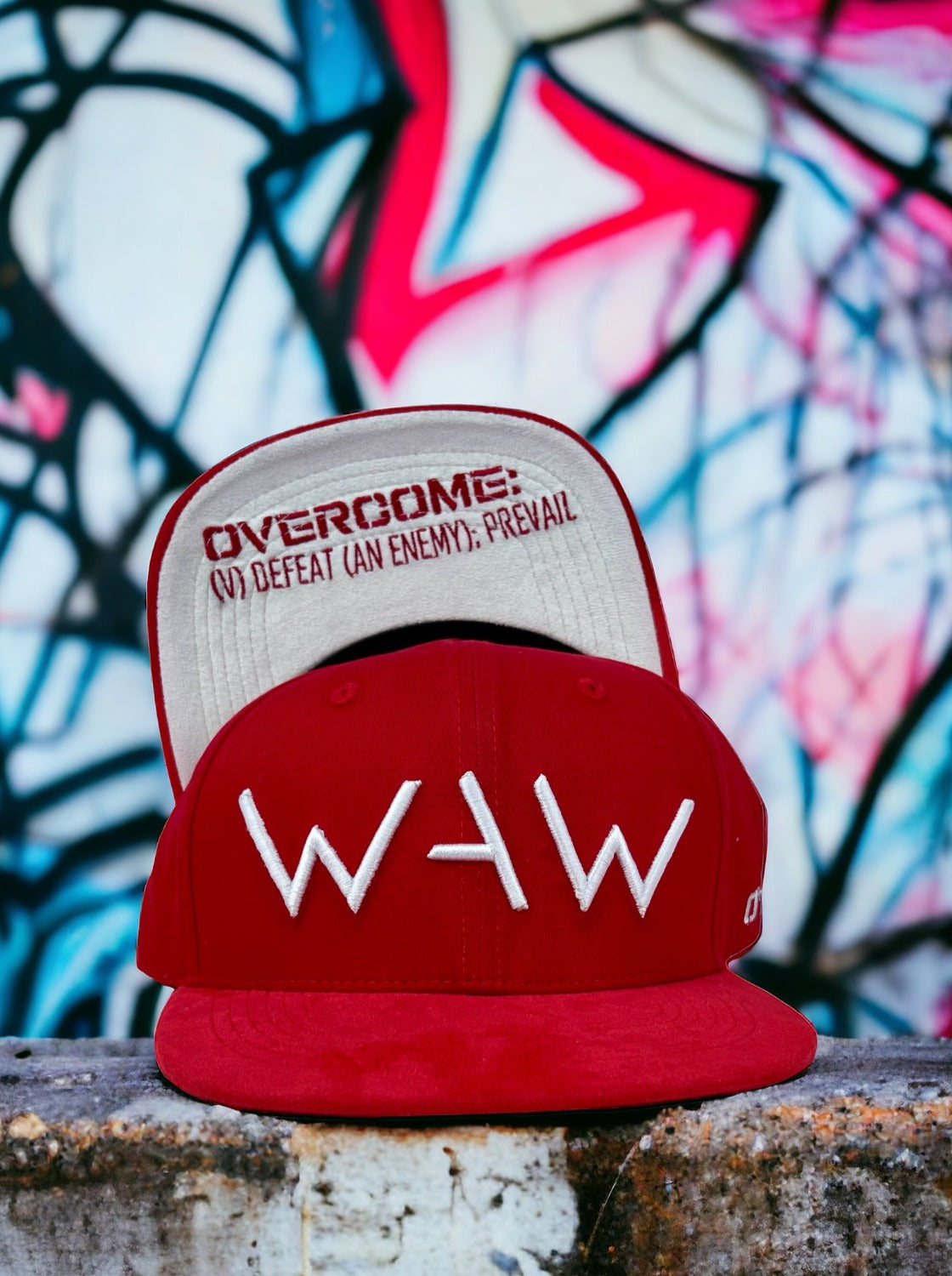 Rose Red Hat with suede bill, WAW logo and overcome message, WeAreWarriorsApparel.com
