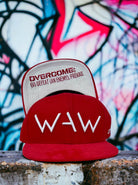 Rose Red Hat with suede bill, WAW logo and overcome message, WeAreWarriorsApparel.com