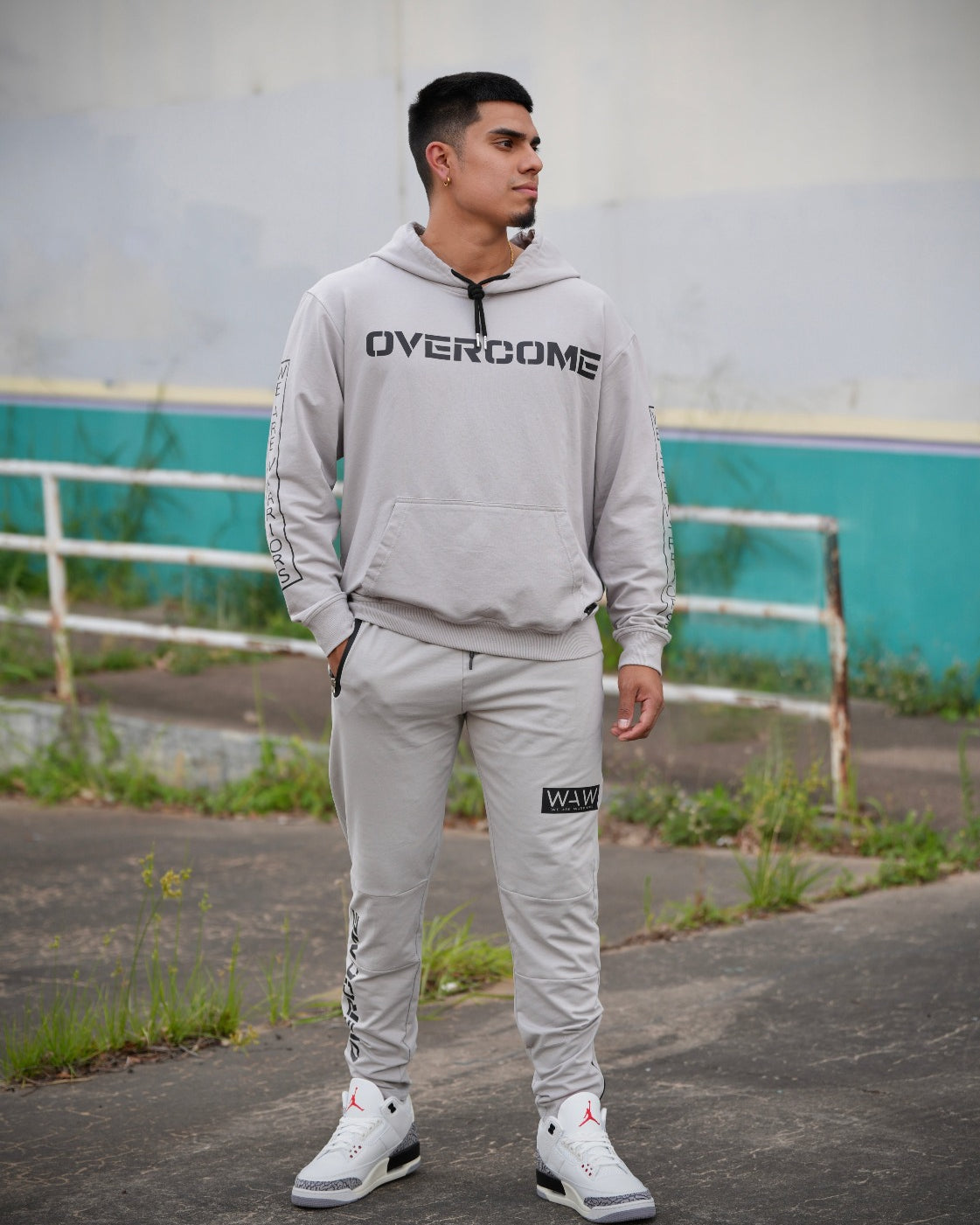 Grey Wolf Joggers with Overcome message, WeAreWarriorsApparel.com