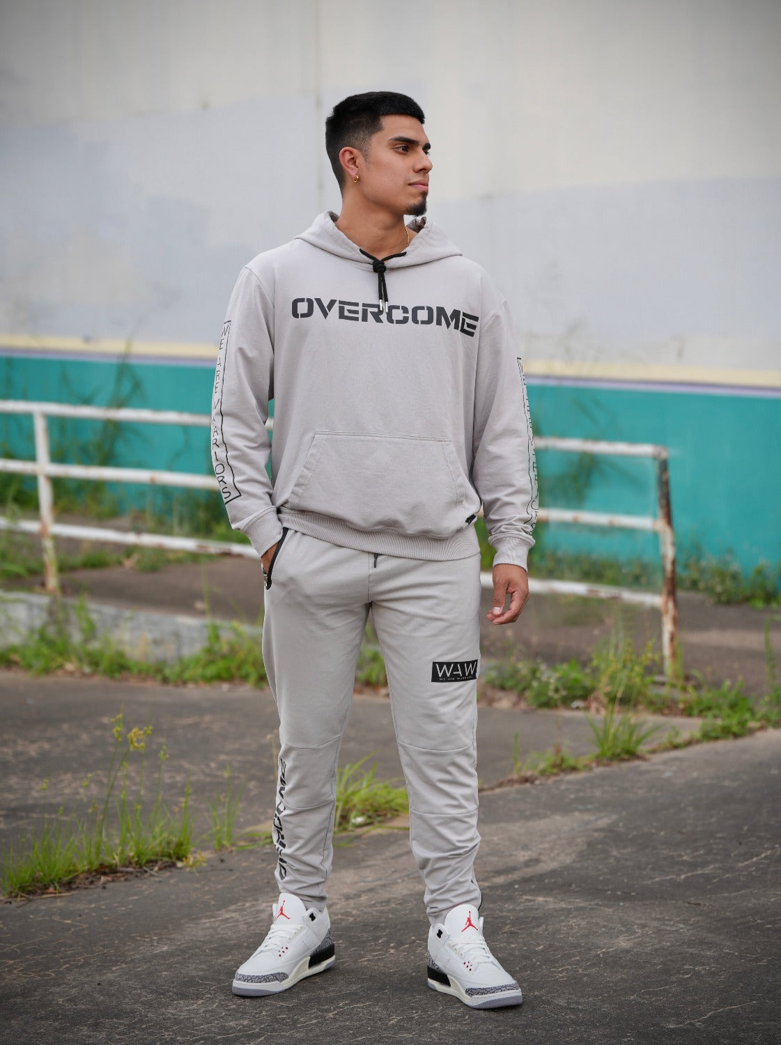 Grey Wolf Joggers with Overcome message, WeAreWarriorsApparel.com