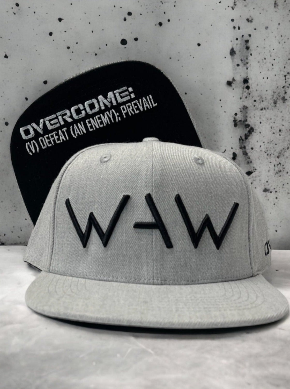 Grey Wolf Hat with Logo and Overcome message, WeAreWarriorsApparel.com