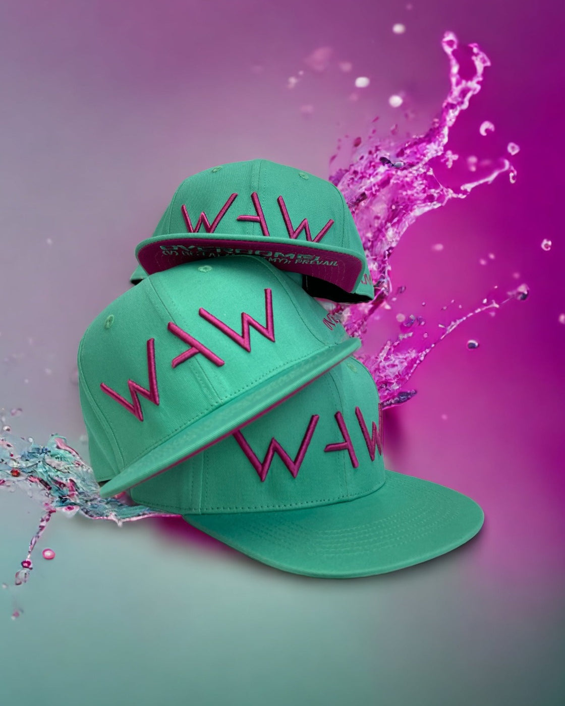 Teal and Hot Pink WAW Hat, with WAW logo and Overcome message, WeAreWarriorsApparel.com