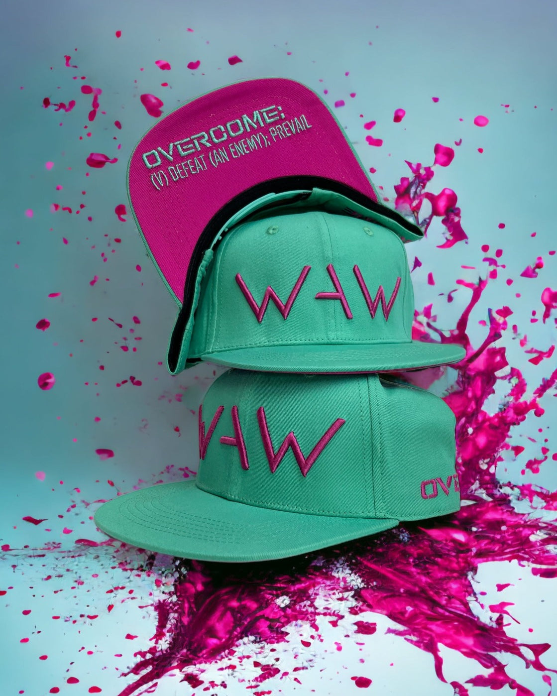 Teal and Hot Pink WAW Hat, with WAW logo and Overcome message, WeAreWarriorsApparel.com