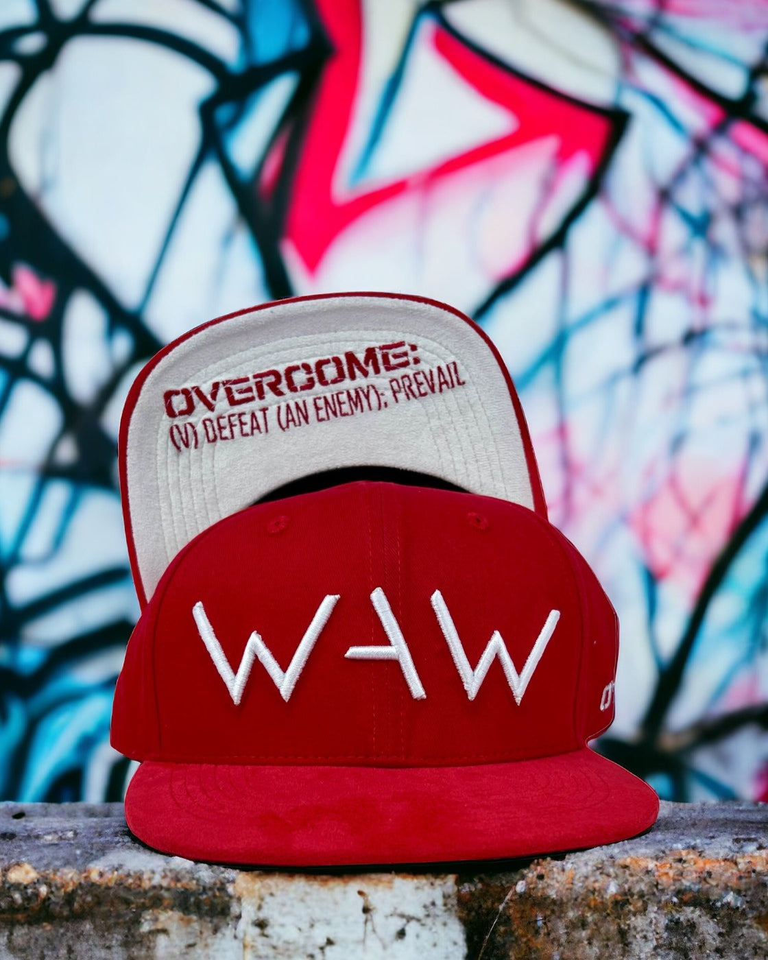 Rose Red Hat with suede bill, WAW logo and overcome message, WeAreWarriorsApparel.com