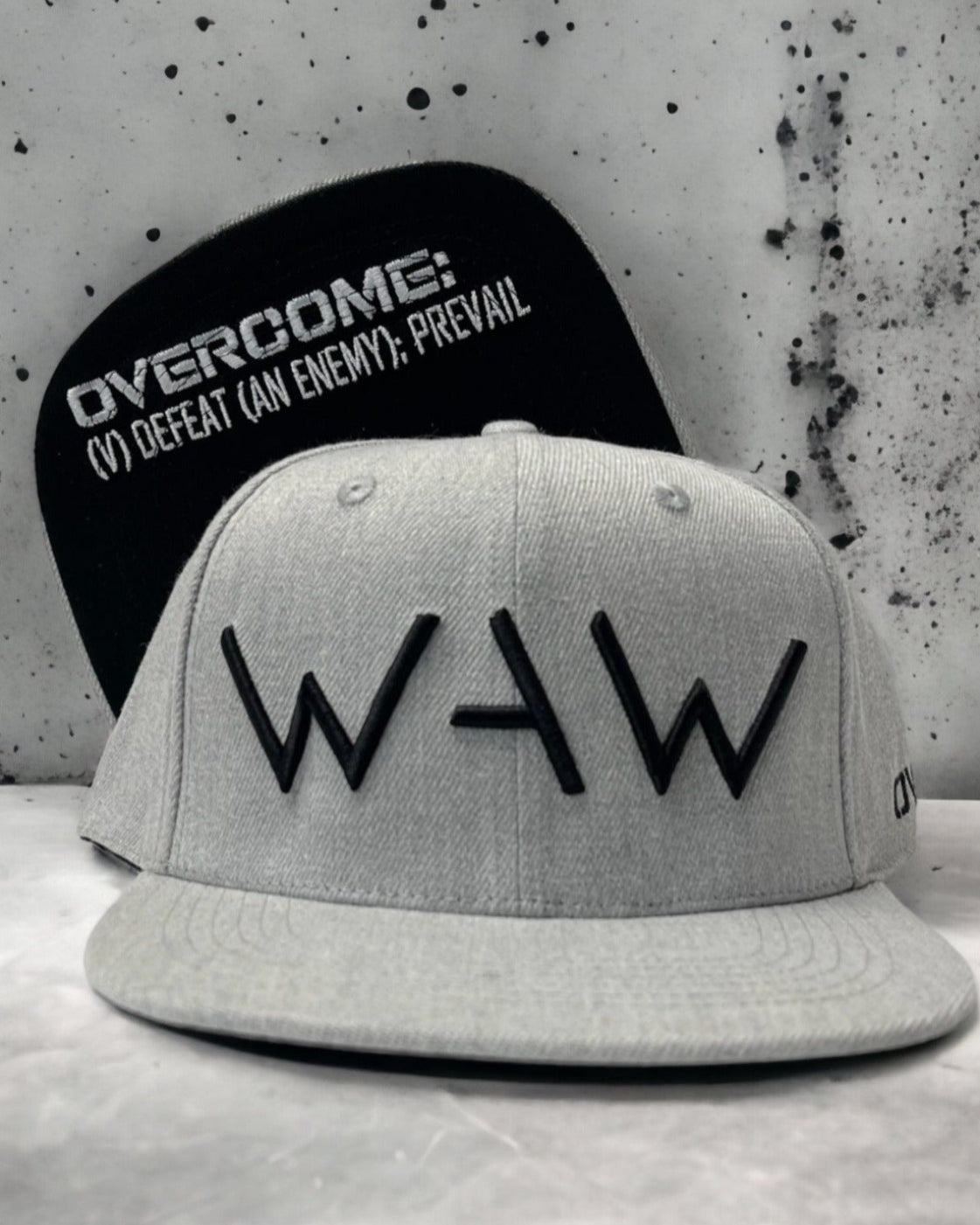 Grey Wolf Hat with Logo and Overcome message, WeAreWarriorsApparel.com