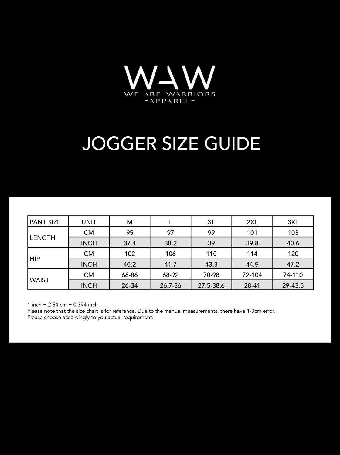 We Are Warriors Apparel Jogger Size Guide, wearewarriorsapparel.com