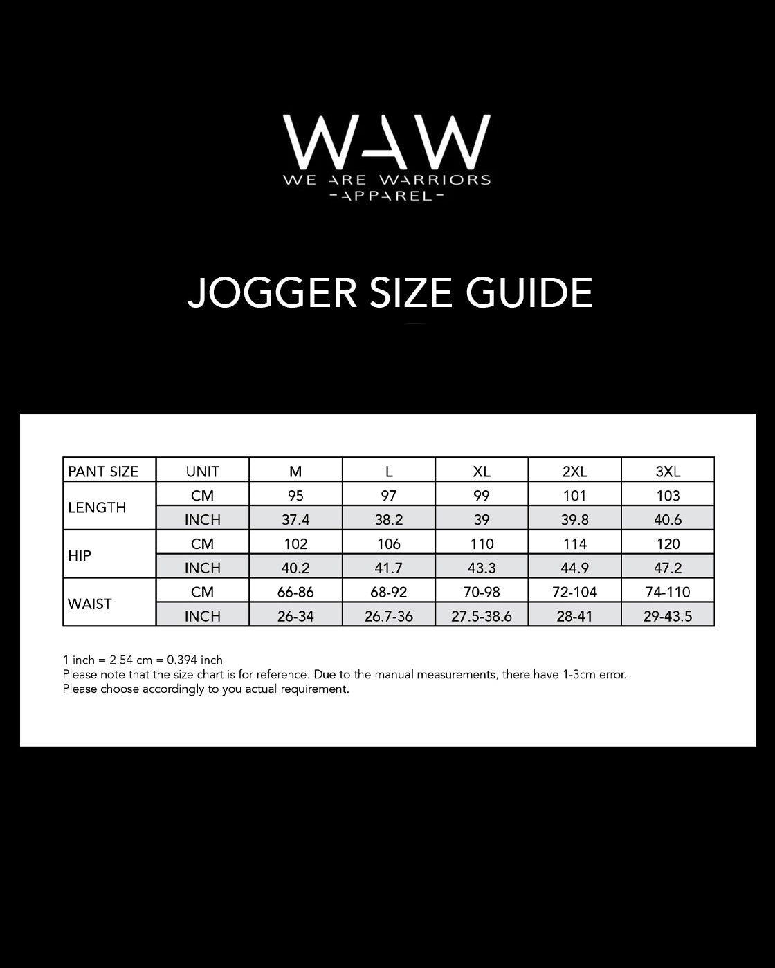 We Are Warriors Apparel Jogger Size Guide, wearewarriorsapparel.com