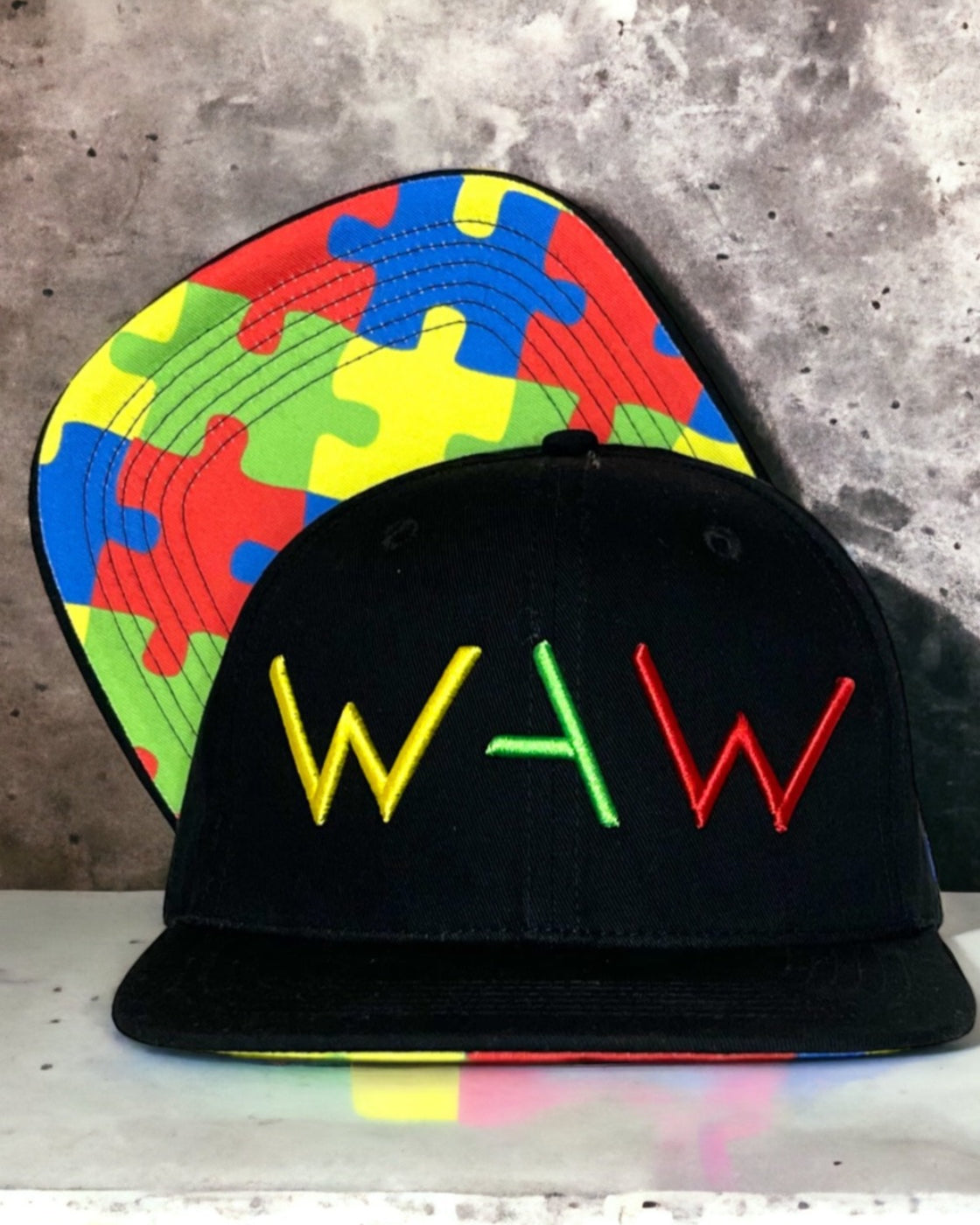 Autism Awareness Cap with WAW logo and Overcome message, WeAreWarriorsApparel.com